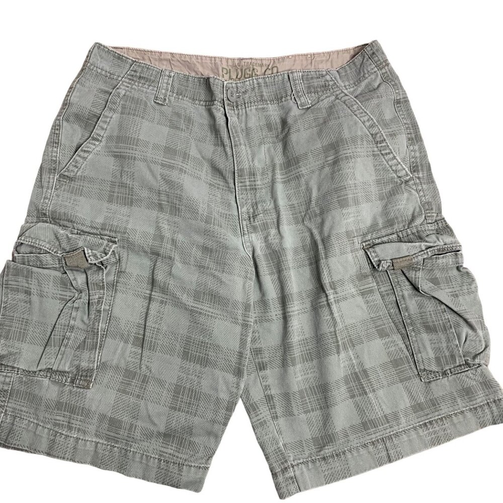 Vintage 90s Plugg Co High Rise Cargo Shorts 33 Green Plaid Pockets Button Zip